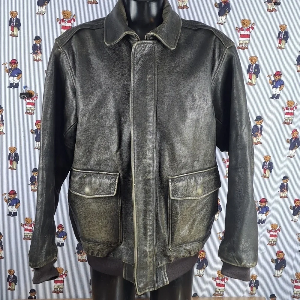 Vintage L.L.Bean flap pocket full zip distressed XL brown leather lined jacket